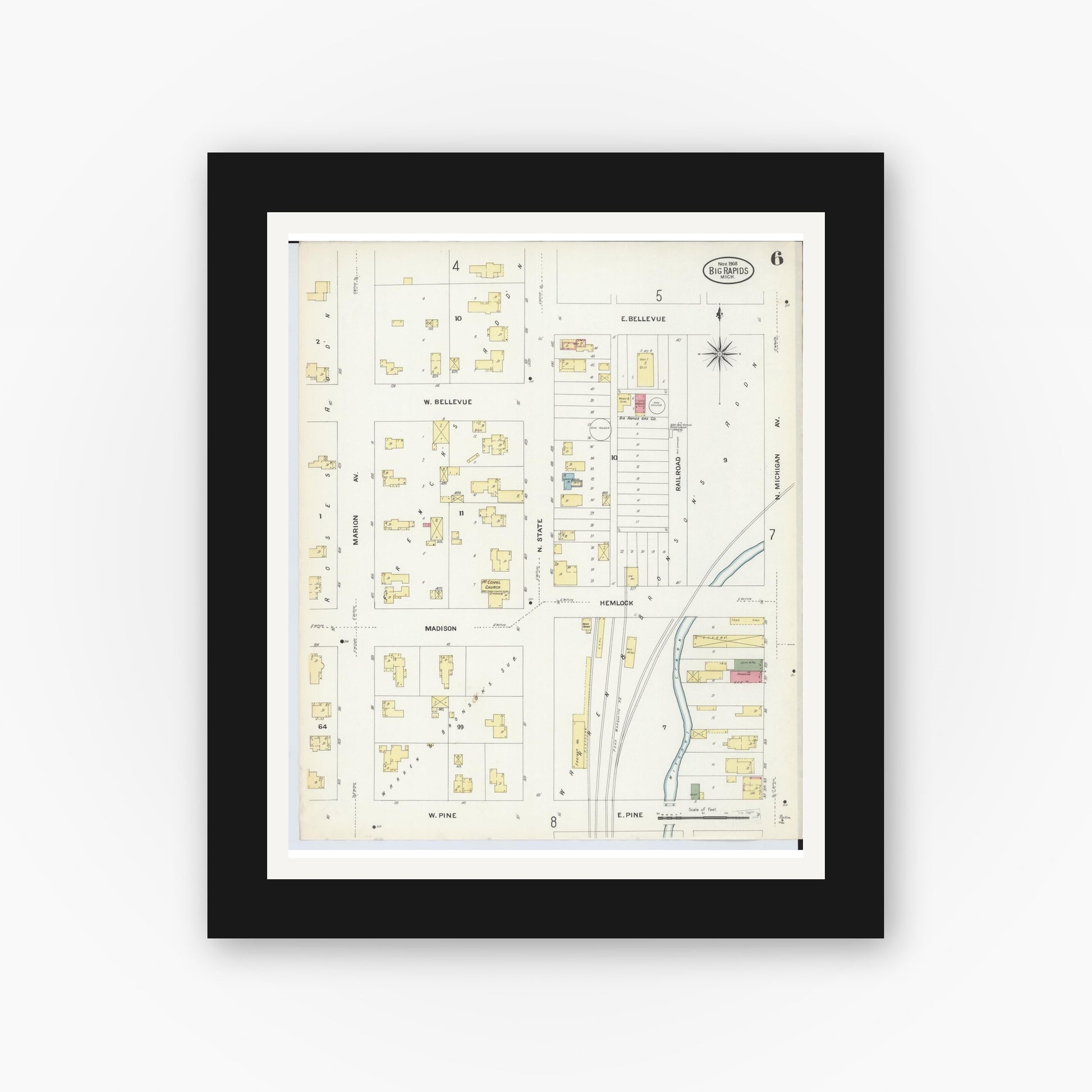 Old map wall art mockup — black gallery frame with white mat — Sanborn Fire Insurance Map from Big Rapids, Mecosta County, Michigan (1908), Sheet #0006