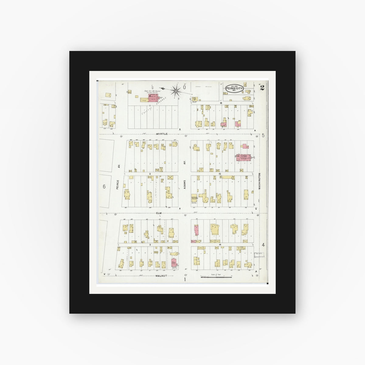 Old map wall art mockup — black gallery frame with white mat — Sanborn Fire Insurance Map from Pierce City, Lawrence County, Missouri (1902), Sheet #0002