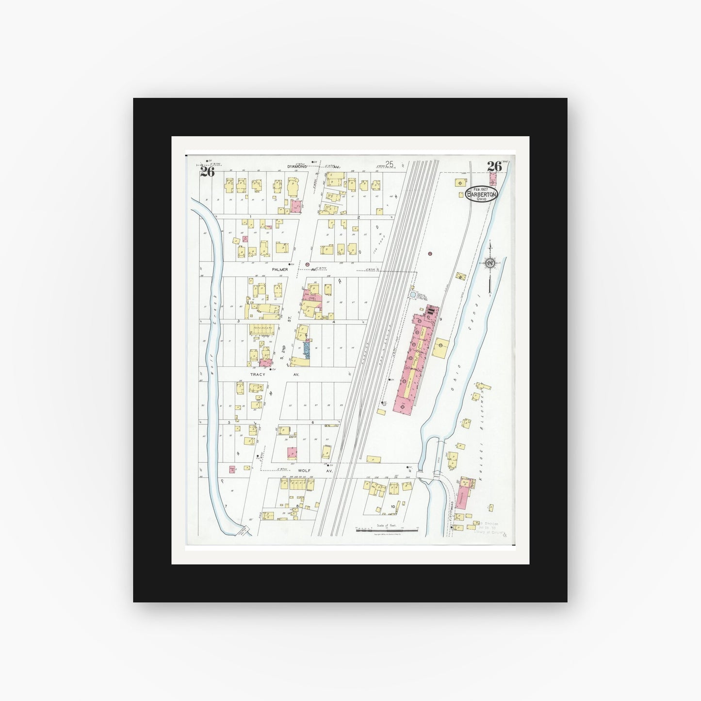 Old map wall art mockup — black gallery frame with white mat — Sanborn Fire Insurance Map from Barberton, Summit County, Ohio (1927), Sheet #0026