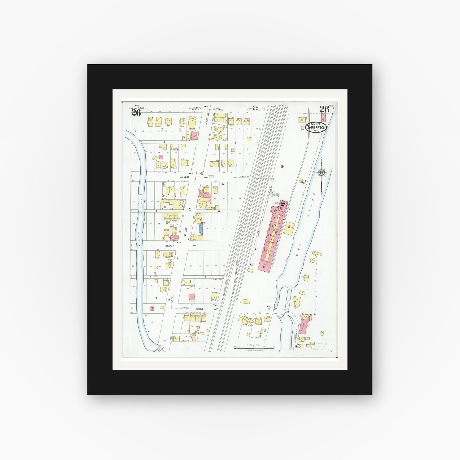 Old map wall art mockup — black gallery frame with white mat — Sanborn Fire Insurance Map from Barberton, Summit County, Ohio (1927), Sheet #0026
