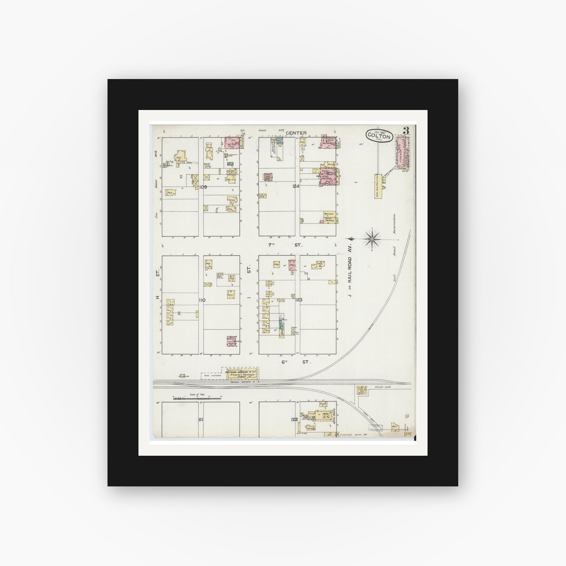 Old map wall art mockup — black gallery frame with white mat — Sanborn Fire Insurance Map from Colton, San Bernardino County, California (1887), Sheet #0003