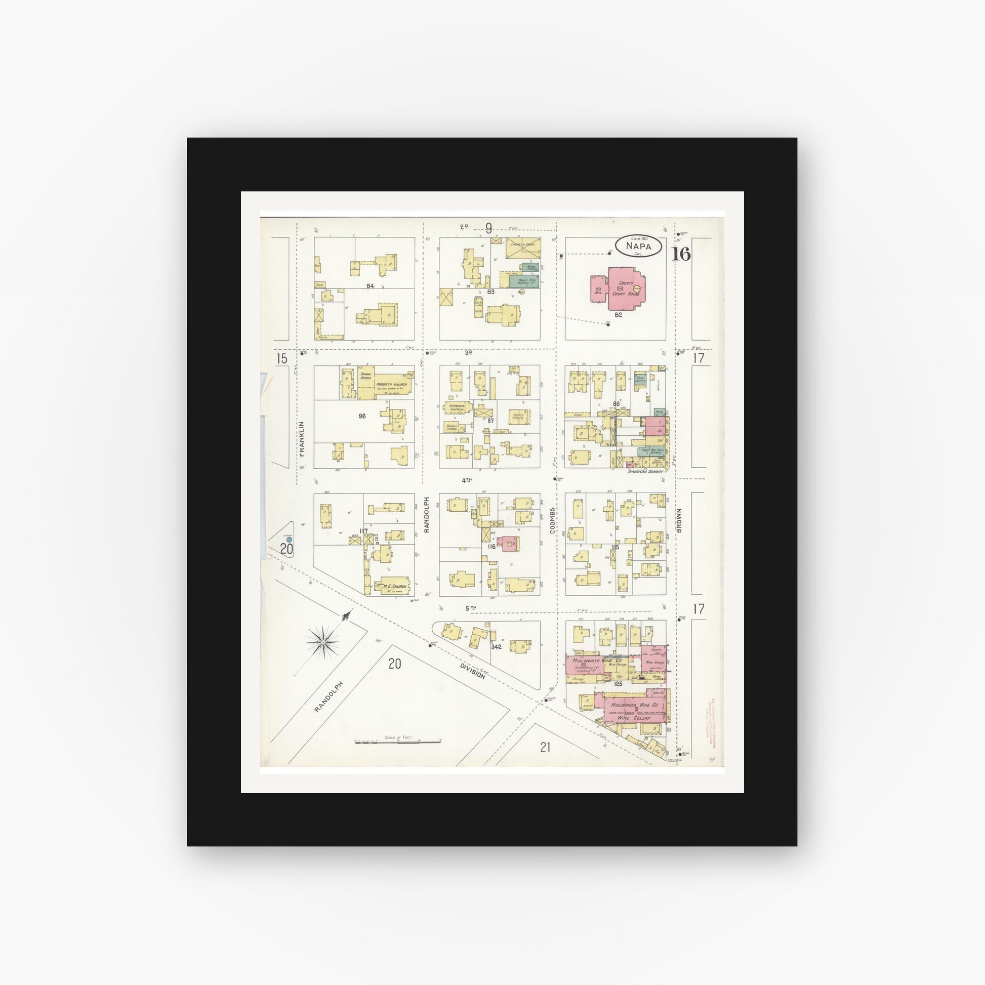 Old map wall art mockup — black gallery frame with white mat — Sanborn Fire Insurance Map from Napa, Napa County, California (1901), Sheet #0016