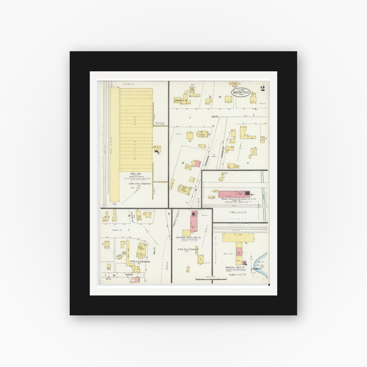 Old map wall art mockup — black gallery frame with white mat — Sanborn Fire Insurance Map from Brookfield, Worcester County, Massachusetts (1898), Sheet #0002