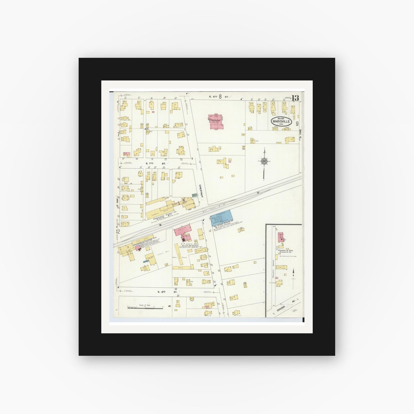 Old map wall art mockup — black gallery frame with white mat — Sanborn Fire Insurance Map from Marysville, Union County, Ohio (1910), Sheet #0013