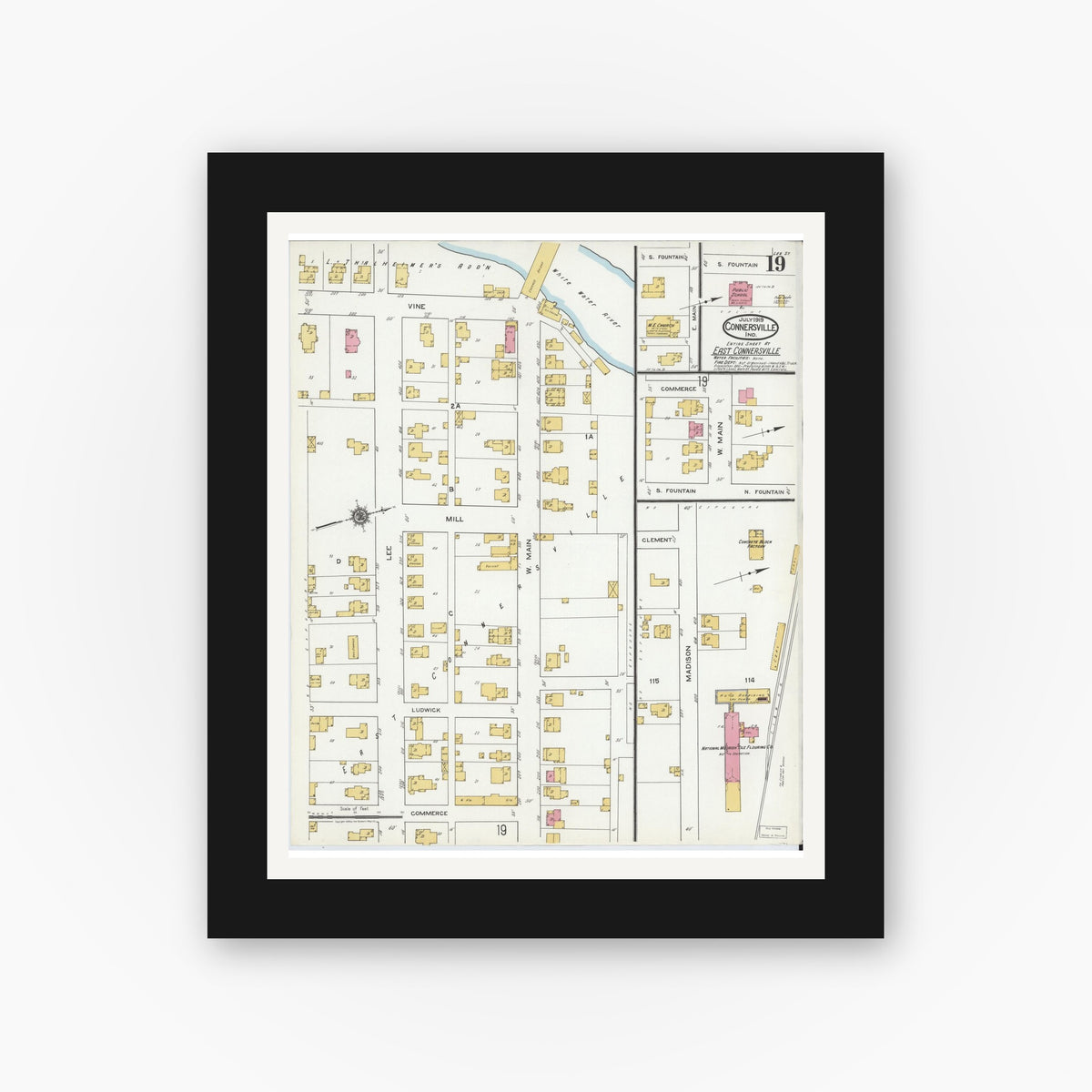Old map wall art mockup — black gallery frame with white mat — Sanborn Fire Insurance Map from Connersville, Fayette County, Indiana (1919), Sheet #0019