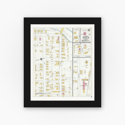 Old map wall art mockup — black gallery frame with white mat — Sanborn Fire Insurance Map from Connersville, Fayette County, Indiana (1919), Sheet #0019