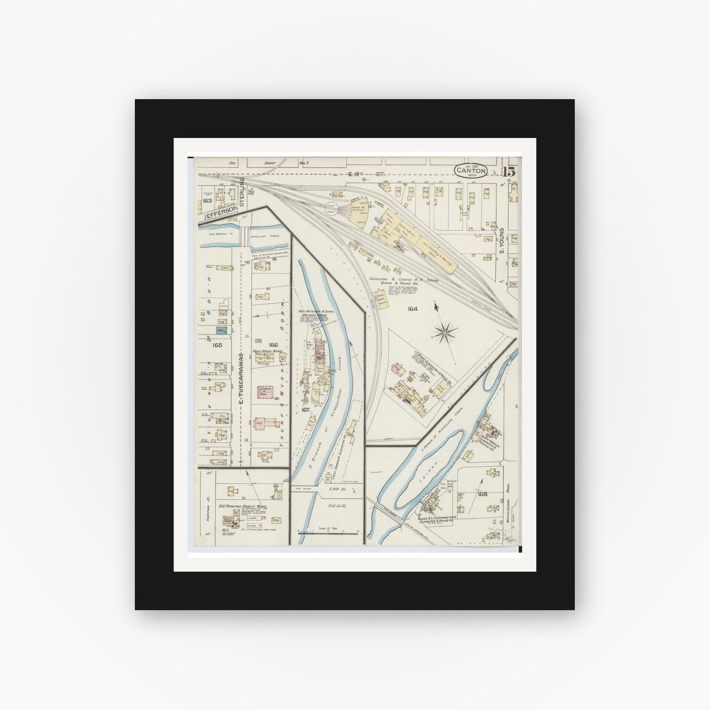 Old map wall art mockup — black gallery frame with white mat — Sanborn Fire Insurance Map from Canton, Stark County, Ohio (1887), Sheet #0015