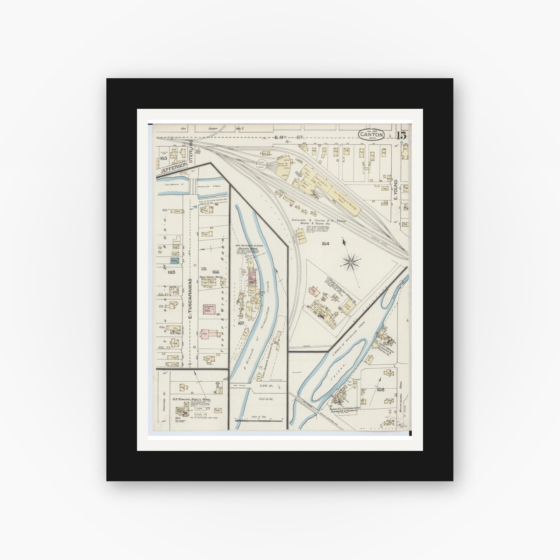 Old map wall art mockup — black gallery frame with white mat — Sanborn Fire Insurance Map from Canton, Stark County, Ohio (1887), Sheet #0015