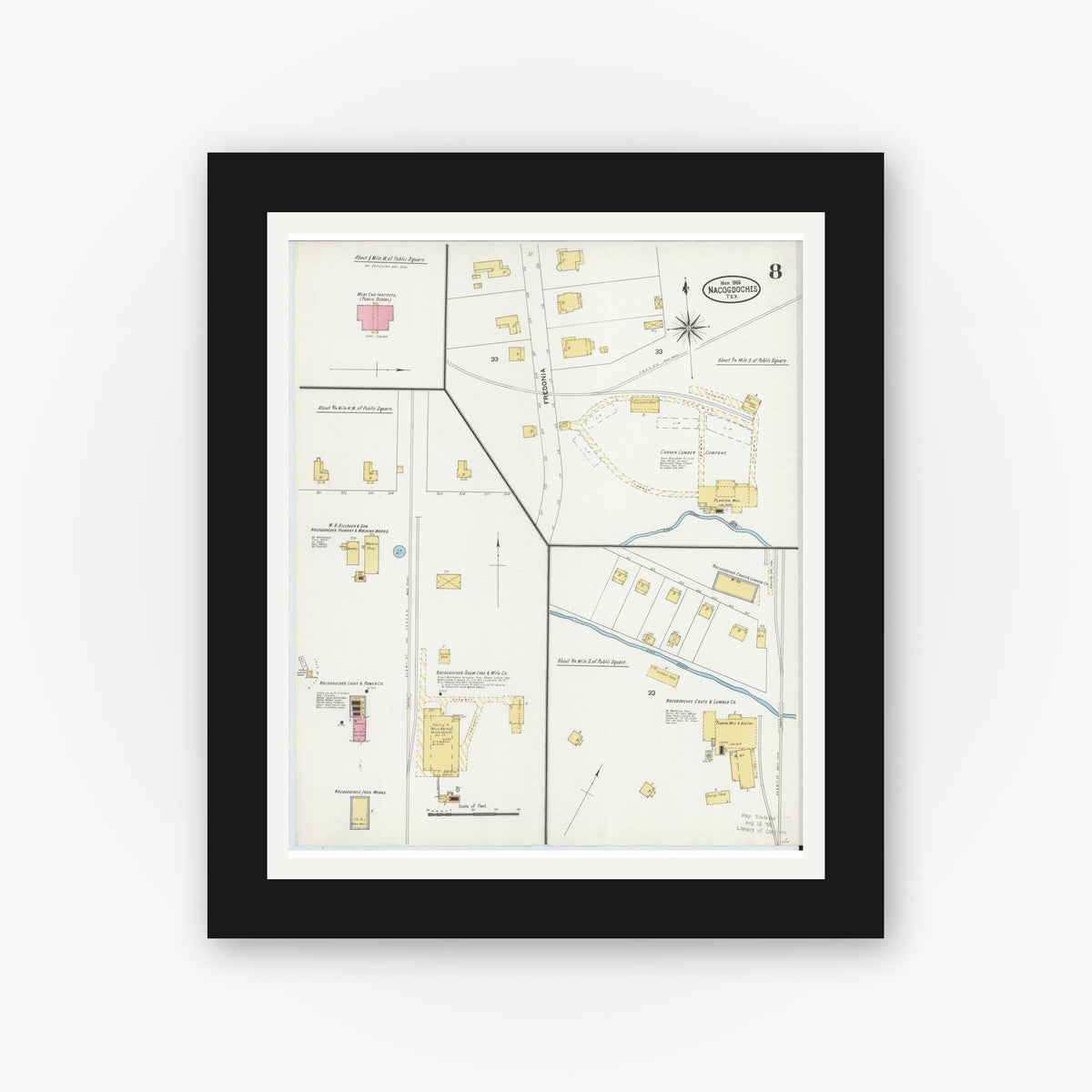 Old map wall art mockup — black gallery frame with white mat — Sanborn Fire Insurance Map from Nacogdoches, Nacogdoches County, Texas (1906), Sheet #0008
