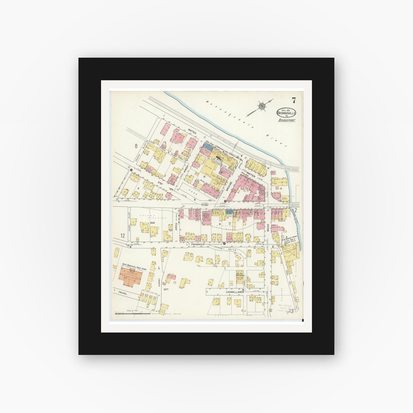 Old map wall art mockup — black gallery frame with white mat — Sanborn Fire Insurance Map from Brownsville, Fayette County, Pennsylvania (1913), Sheet #0007