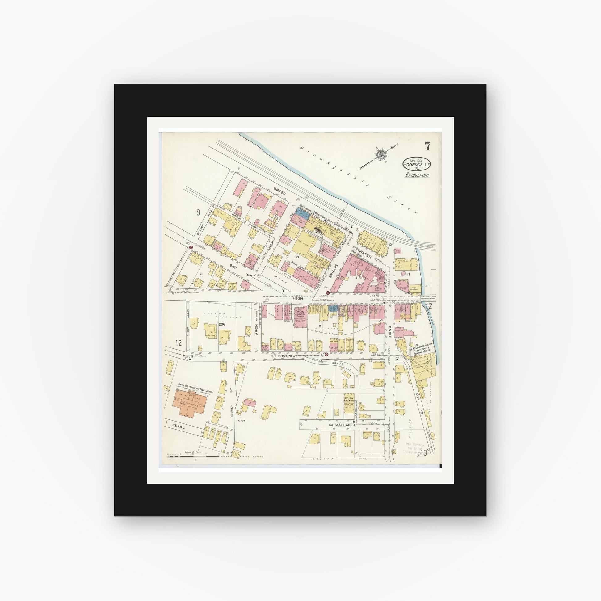 Old map wall art mockup — black gallery frame with white mat — Sanborn Fire Insurance Map from Brownsville, Fayette County, Pennsylvania (1913), Sheet #0007