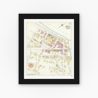 Old map wall art mockup — black gallery frame with white mat — Sanborn Fire Insurance Map from Brownsville, Fayette County, Pennsylvania (1913), Sheet #0007