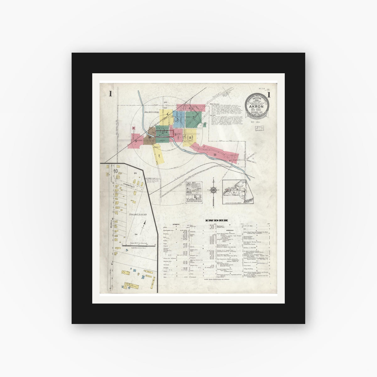 Old map wall art mockup — black gallery frame with white mat — Sanborn Fire Insurance Map from Akron, Erie County, New York (1923) - Complete Map Set