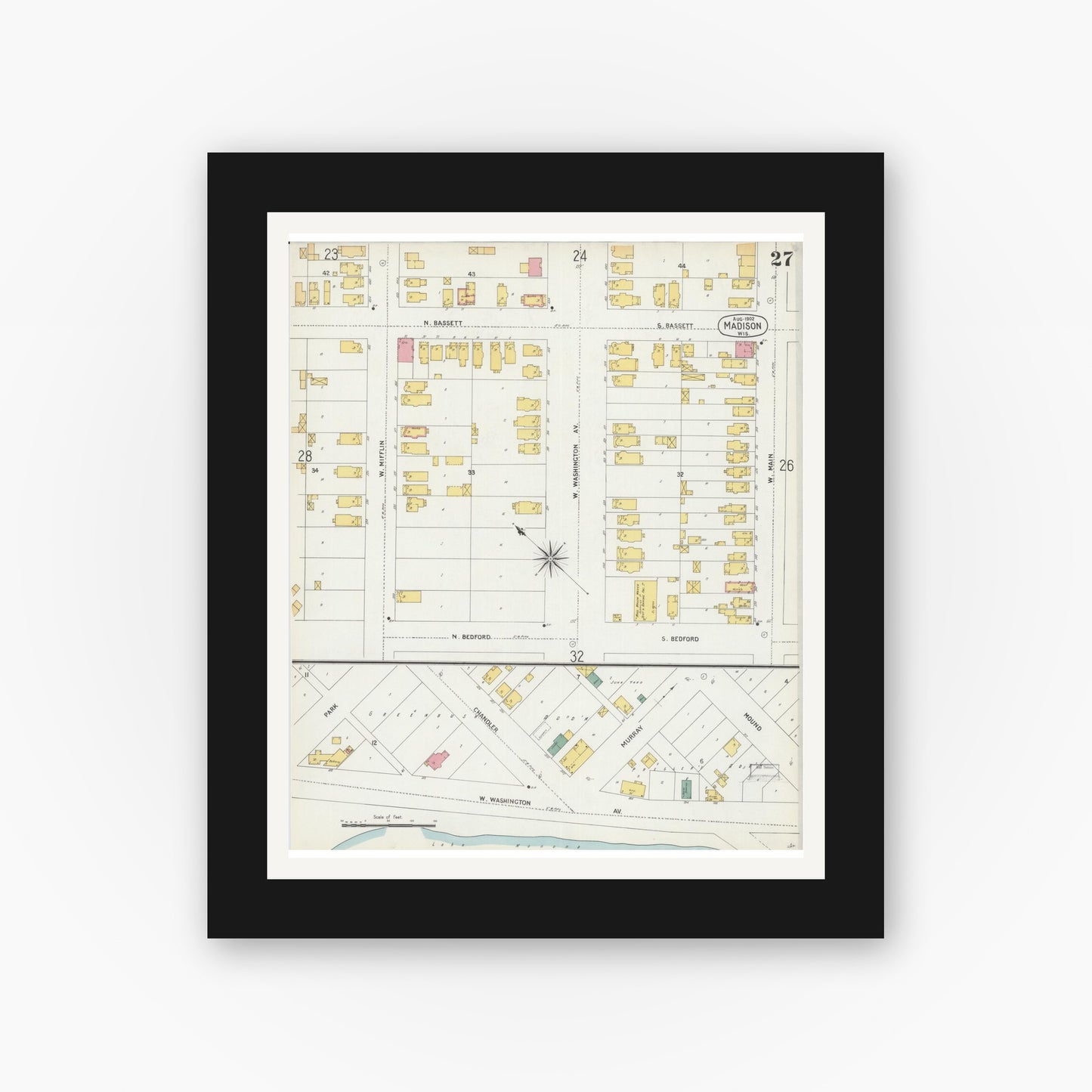 Old map wall art mockup — black gallery frame with white mat — Sanborn Fire Insurance Map from Madison, Dane County, Wisconsin (1902), Sheet #0027