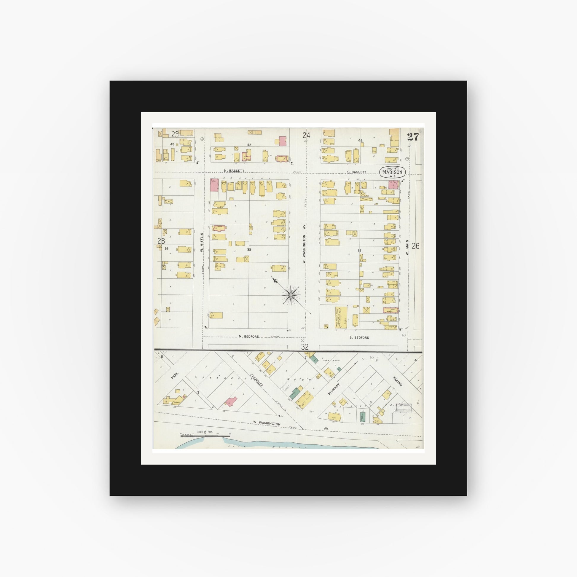 Old map wall art mockup — black gallery frame with white mat — Sanborn Fire Insurance Map from Madison, Dane County, Wisconsin (1902), Sheet #0027