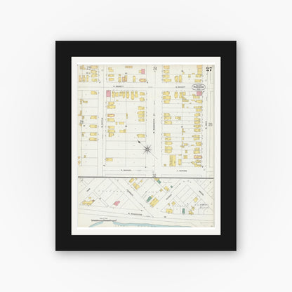 Old map wall art mockup — black gallery frame with white mat — Sanborn Fire Insurance Map from Madison, Dane County, Wisconsin (1902), Sheet #0027