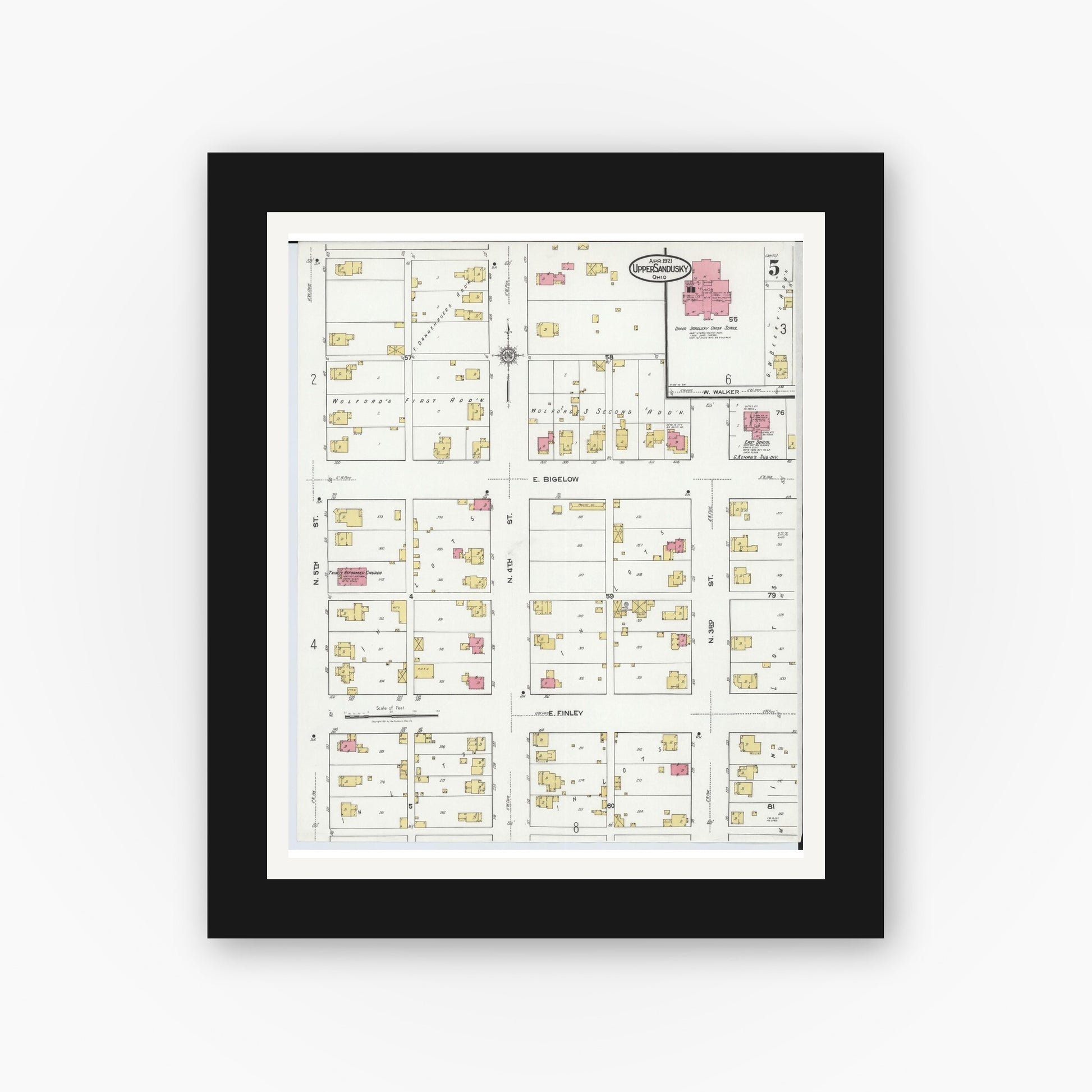 Old map wall art mockup — black gallery frame with white mat — Sanborn Fire Insurance Map from Upper Sandusky, Wyandot County, Ohio (1921), Sheet #0005