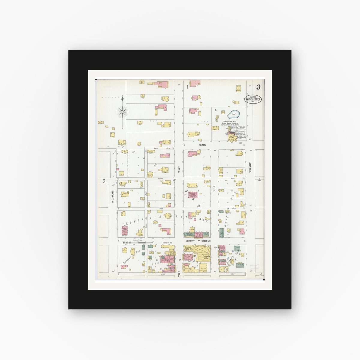 Old map wall art mockup — black gallery frame with white mat — Sanborn Fire Insurance Map from Winchester, Scott County, Illinois (1900), Sheet #0003