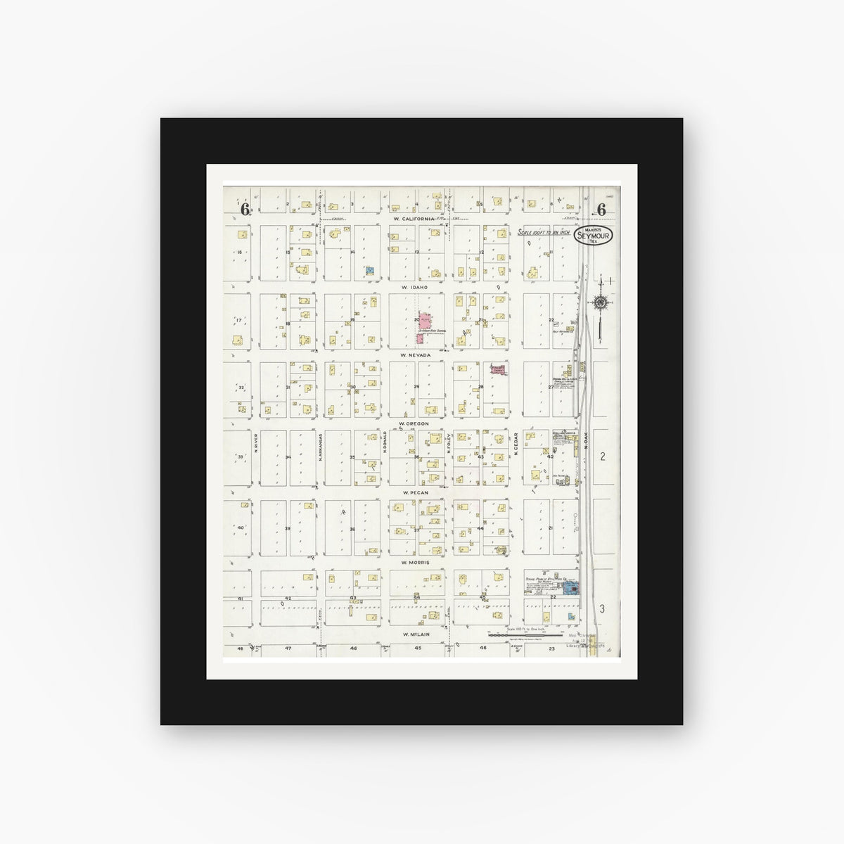 Old map wall art mockup — black gallery frame with white mat — Sanborn Fire Insurance Map from Seymour, Baylor County, Texas (1925), Sheet #0006