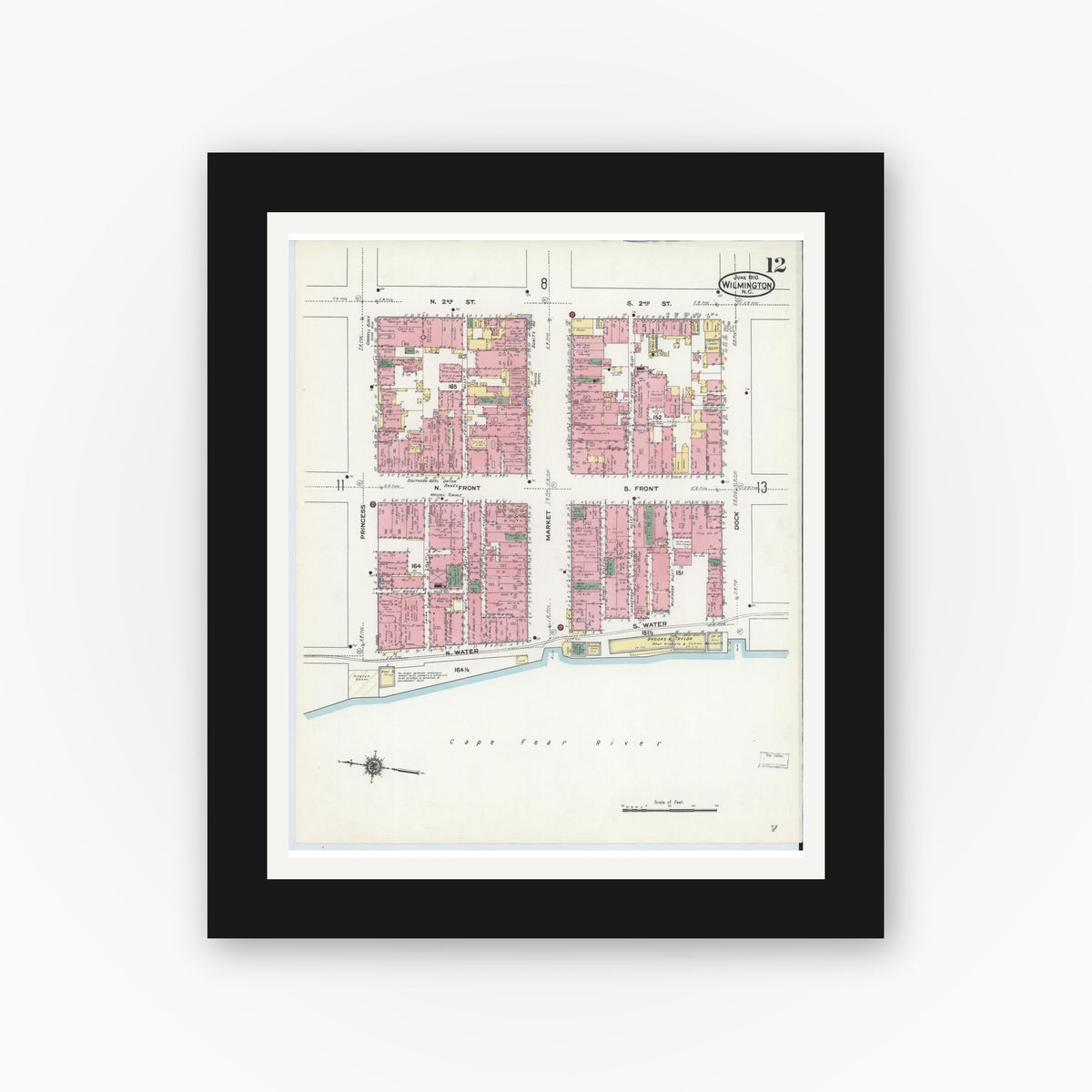 Old map wall art mockup — black gallery frame with white mat — Sanborn Fire Insurance Map from Wilmington, New Hanover County, North Carolina (1910), Sheet #0012