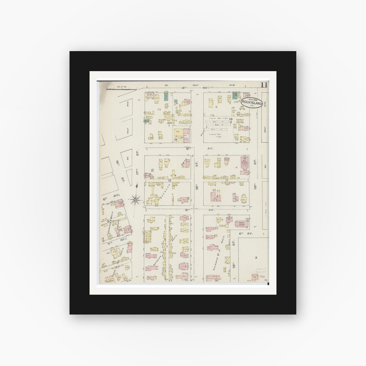 Old map wall art mockup — black gallery frame with white mat — Sanborn Fire Insurance Map from Rock Island, Rock Island County, Illinois (1886), Sheet #0011