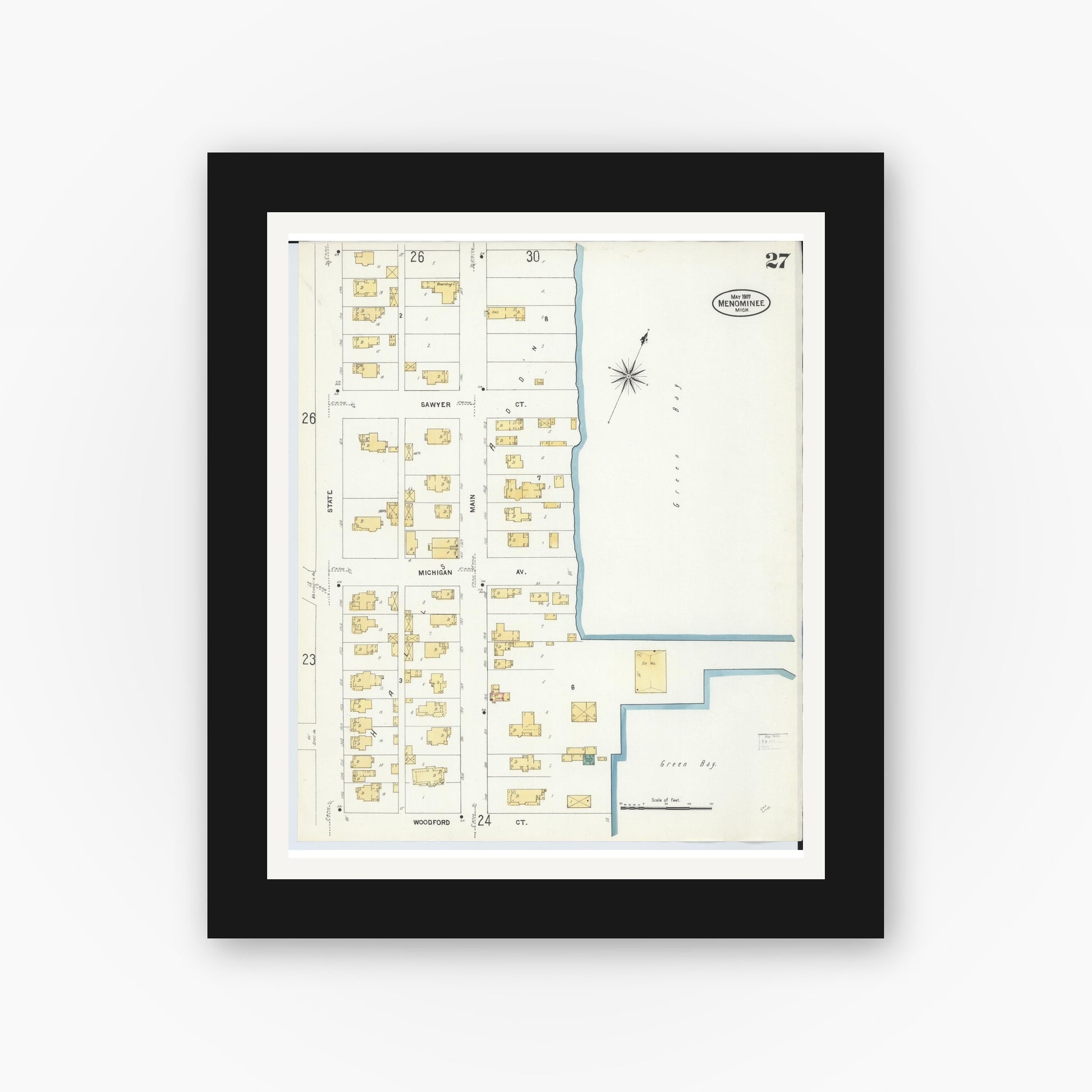 Old map wall art mockup — black gallery frame with white mat — Sanborn Fire Insurance Map from Menominee, Menominee County, Michigan (1907), Sheet #0027