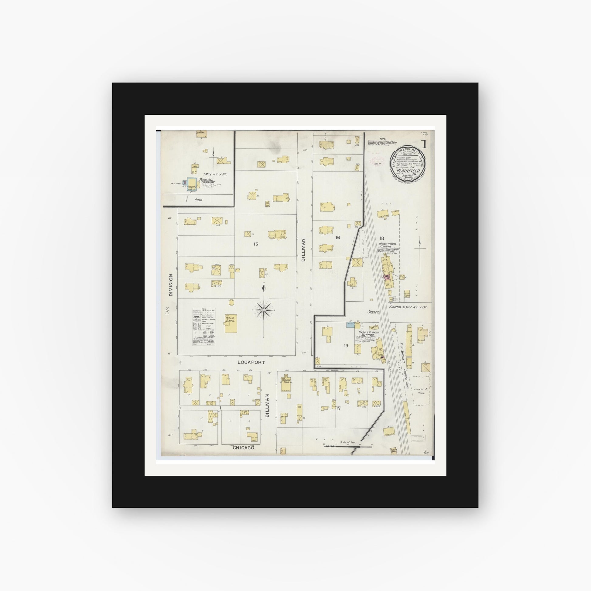 Old map wall art mockup — black gallery frame with white mat — Sanborn Fire Insurance Map from Plainfield, Will County, Illinois (1893), Sheet #0001
