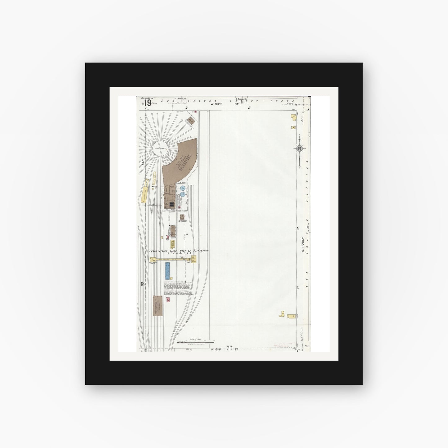 Old map wall art mockup — black gallery frame with white mat — Sanborn Fire Insurance Map from Chicago, Cook County, Illinois (1920), Sheet #0019