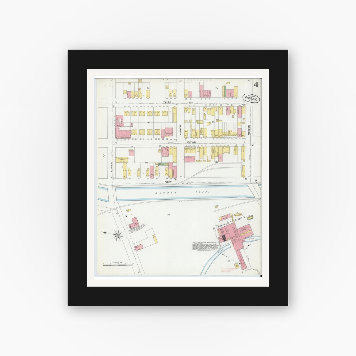 Old map wall art mockup — black gallery frame with white mat — Sanborn Fire Insurance Map from Passaic, Passaic County, New Jersey (1899), Sheet #0004