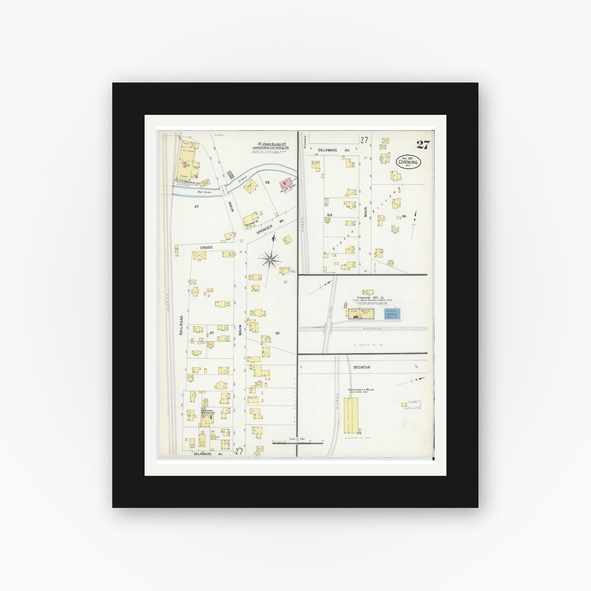 Old map wall art mockup — black gallery frame with white mat — Sanborn Fire Insurance Map from Corning, Steuben County, New York (1908), Sheet #0027