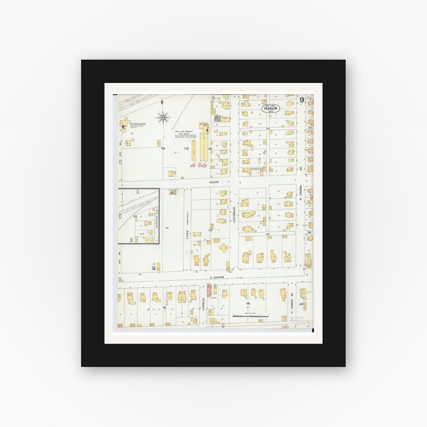 Old map wall art mockup — black gallery frame with white mat — Sanborn Fire Insurance Map from Marion, Marion County, Ohio (1900), Sheet #0009