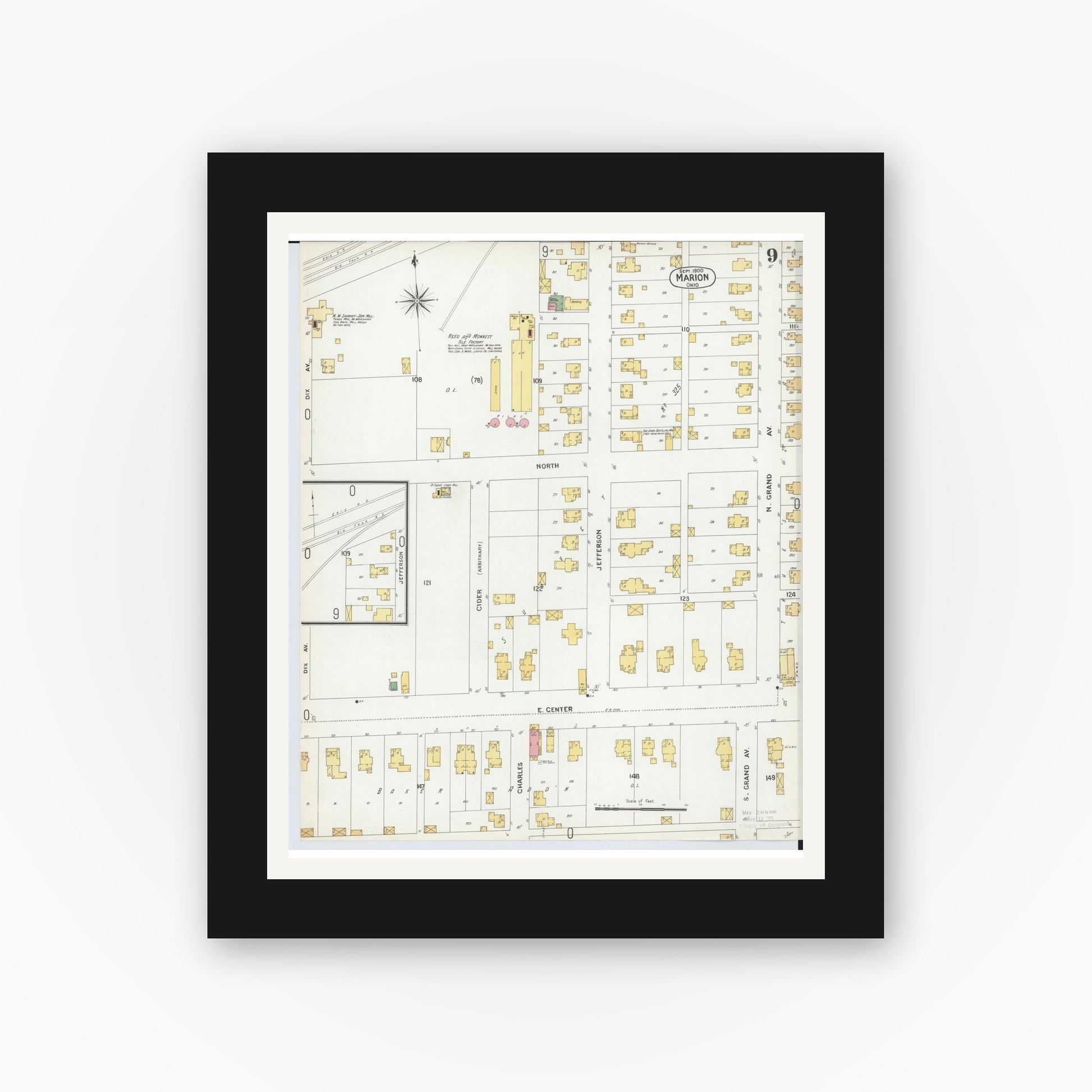 Old map wall art mockup — black gallery frame with white mat — Sanborn Fire Insurance Map from Marion, Marion County, Ohio (1900), Sheet #0009