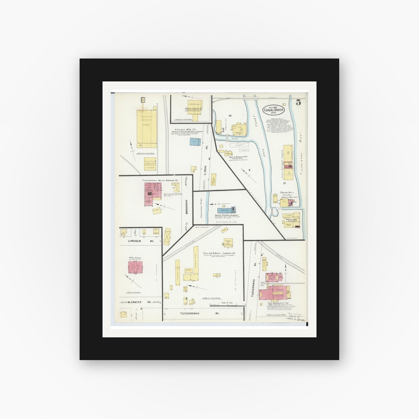 Old map wall art mockup — black gallery frame with white mat — Sanborn Fire Insurance Map from Canal Dover, Tuscarawas County, Ohio (1907), Sheet #0005
