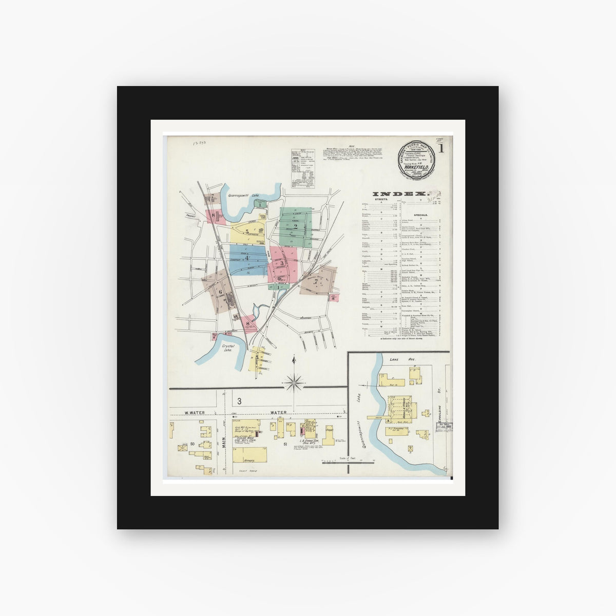 Old map wall art mockup — black gallery frame with white mat — Sanborn Fire Insurance Map from Wakefield, Middlesex County, Massachusetts (1897), Sheet #0001