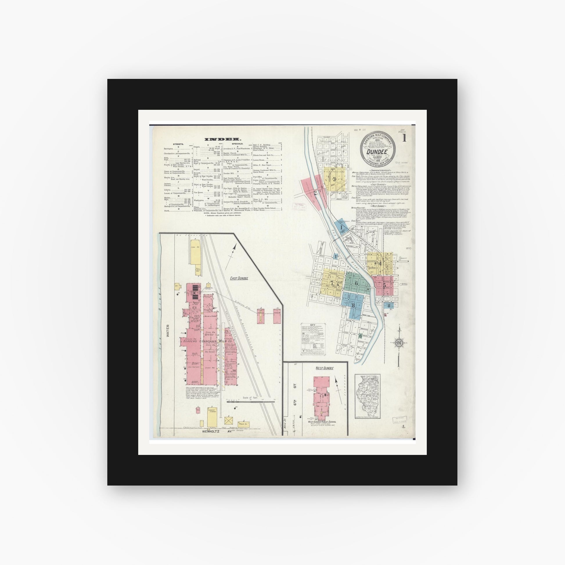 Old map wall art mockup — black gallery frame with white mat — Sanborn Fire Insurance Map from Dundee, Kane County, Illinois (1912), Sheet #0001