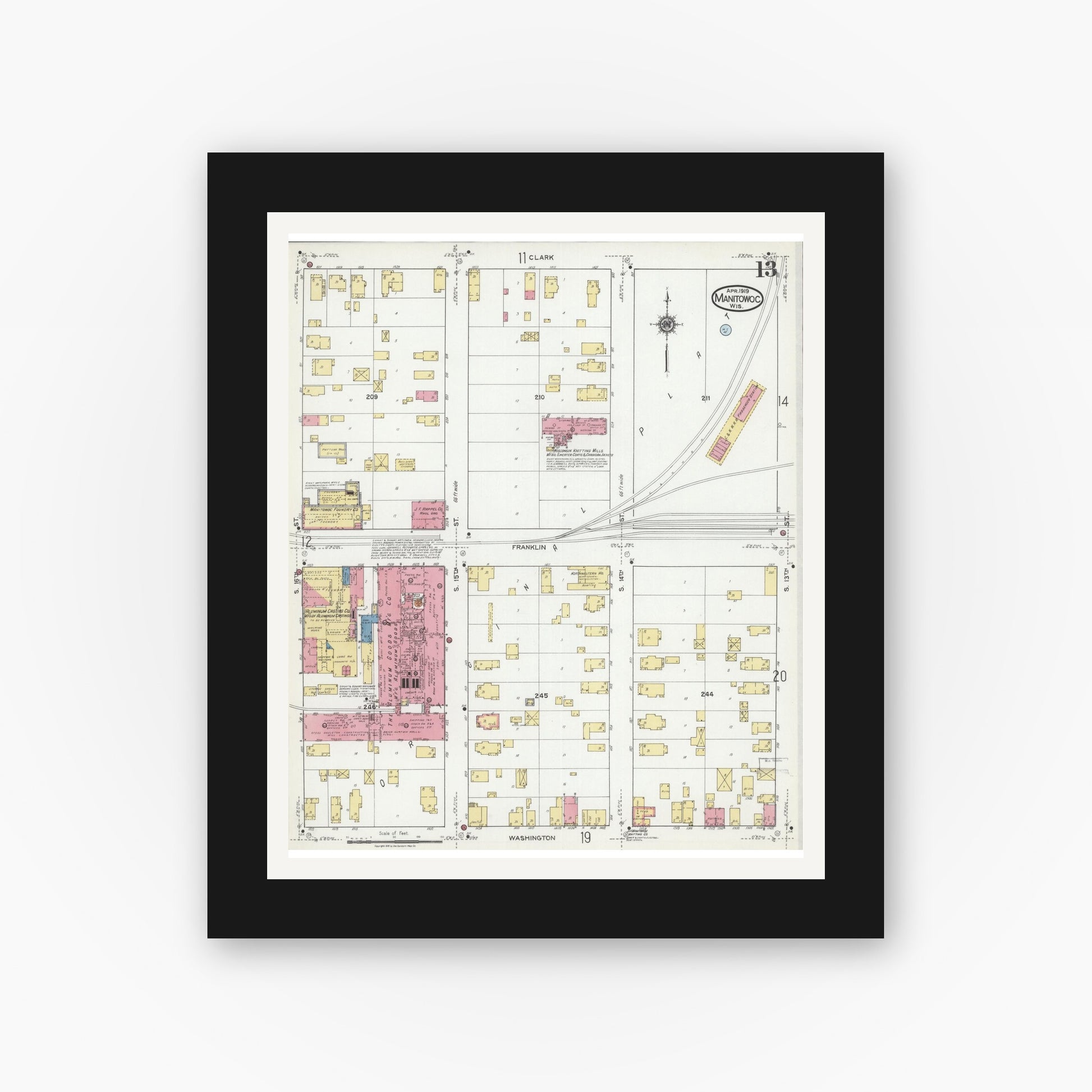 Old map wall art mockup — black gallery frame with white mat — Sanborn Fire Insurance Map from Manitowoc, Manitowoc County, Wisconsin (1919), Sheet #0013
