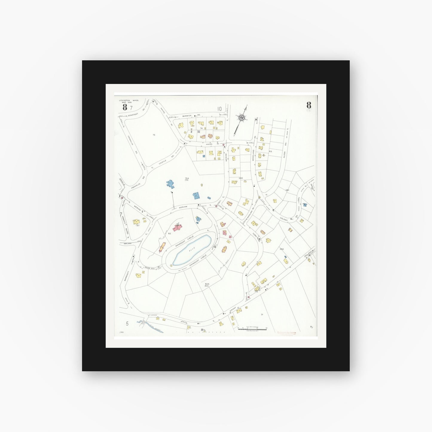 Old map wall art mockup — black gallery frame with white mat — Sanborn Fire Insurance Map from Lexington, Middlesex County, Massachusetts (1935), Sheet #0008