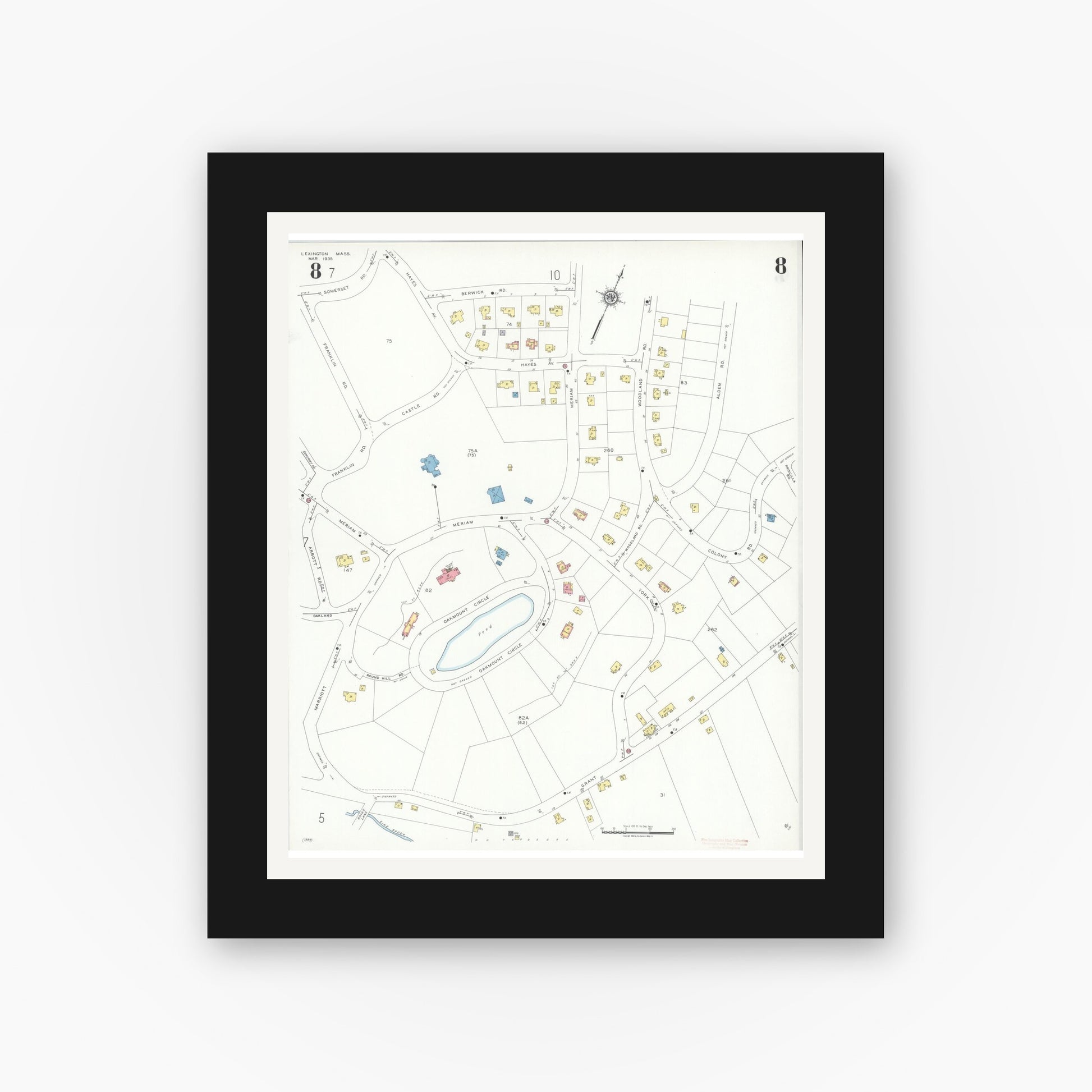 Old map wall art mockup — black gallery frame with white mat — Sanborn Fire Insurance Map from Lexington, Middlesex County, Massachusetts (1935), Sheet #0008