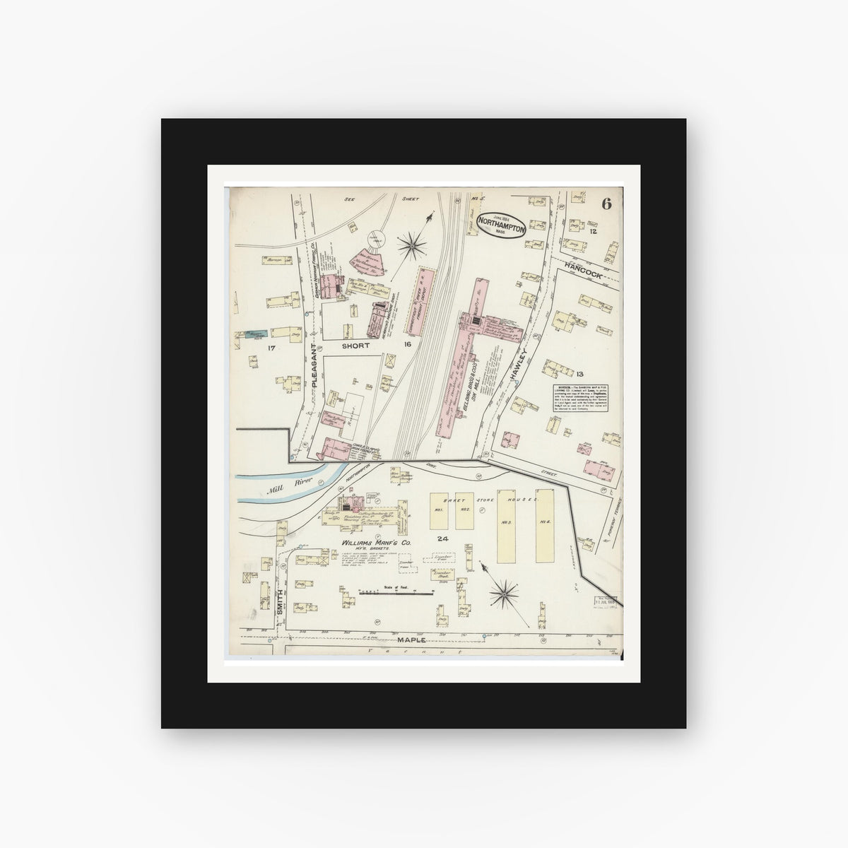 Old map wall art mockup — black gallery frame with white mat — Sanborn Fire Insurance Map from Northampton, Hampshire County, Massachusetts (1884), Sheet #0006