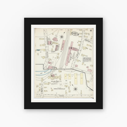 Old map wall art mockup — black gallery frame with white mat — Sanborn Fire Insurance Map from Northampton, Hampshire County, Massachusetts (1884), Sheet #0006
