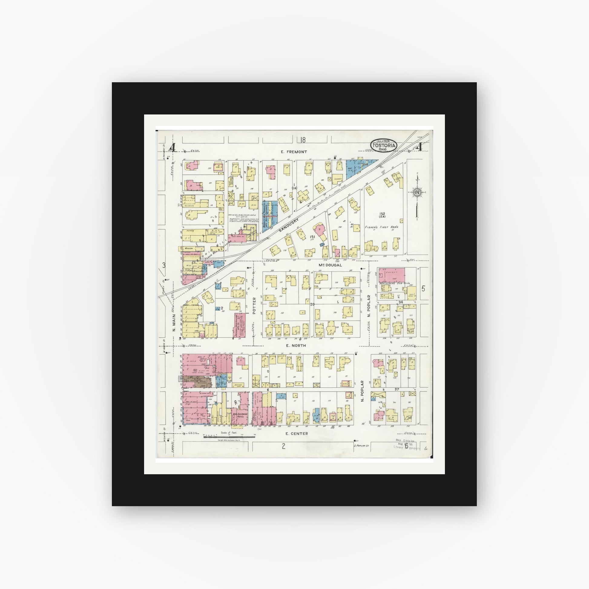 Old map wall art mockup — black gallery frame with white mat — Sanborn Fire Insurance Map from Fostoria, Seneca, Hancock, And Wood Counties, Ohio (1924), Sheet #0004