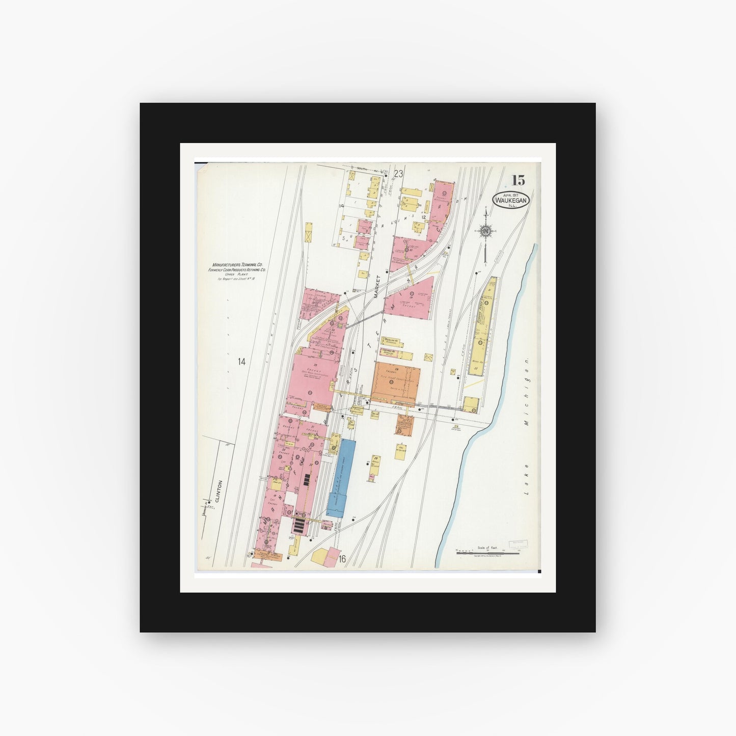 Old map wall art mockup — black gallery frame with white mat — Sanborn Fire Insurance Map from Waukegan, Lake County, Illinois (1917), Sheet #0015