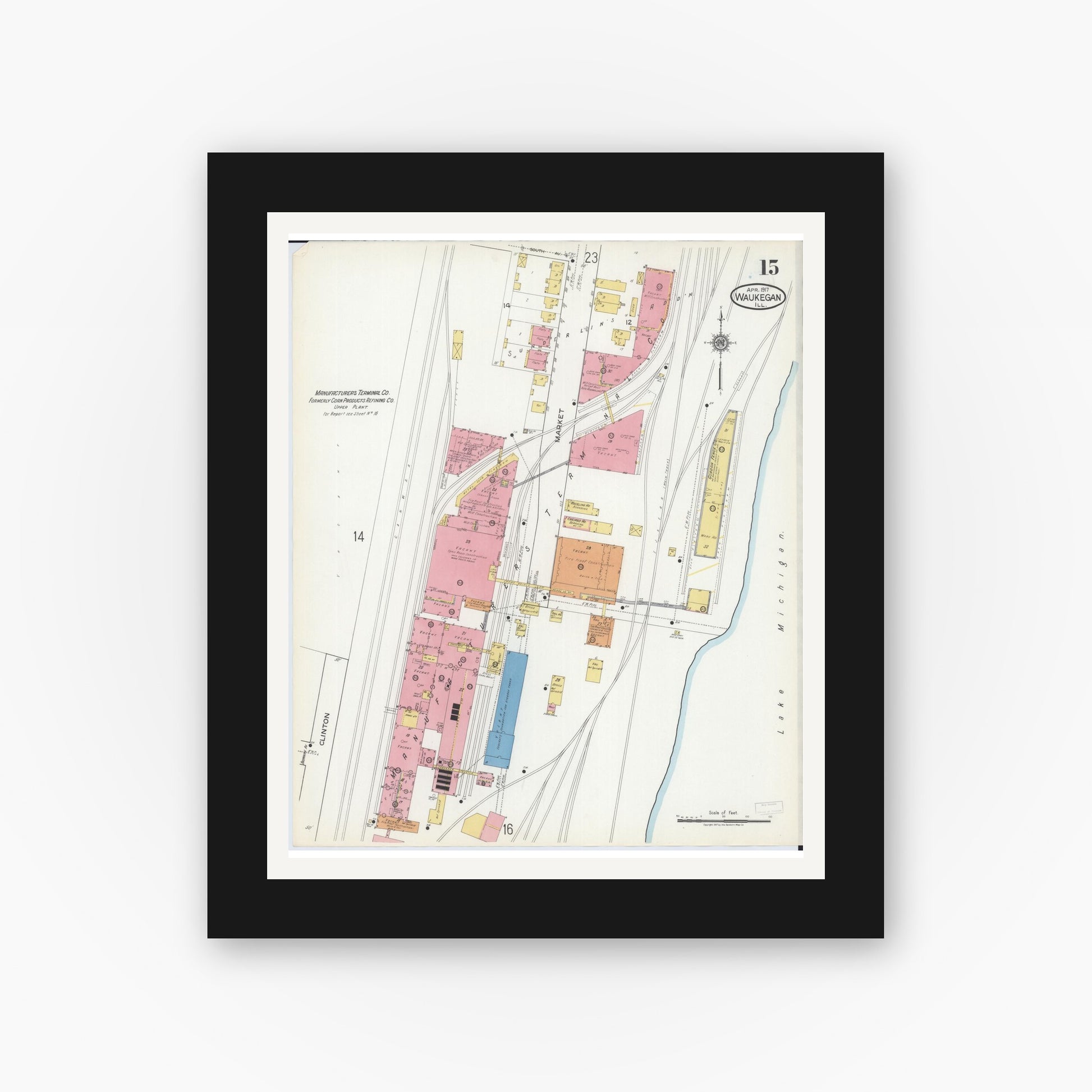 Old map wall art mockup — black gallery frame with white mat — Sanborn Fire Insurance Map from Waukegan, Lake County, Illinois (1917), Sheet #0015