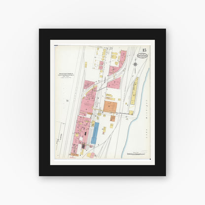 Old map wall art mockup — black gallery frame with white mat — Sanborn Fire Insurance Map from Waukegan, Lake County, Illinois (1917), Sheet #0015