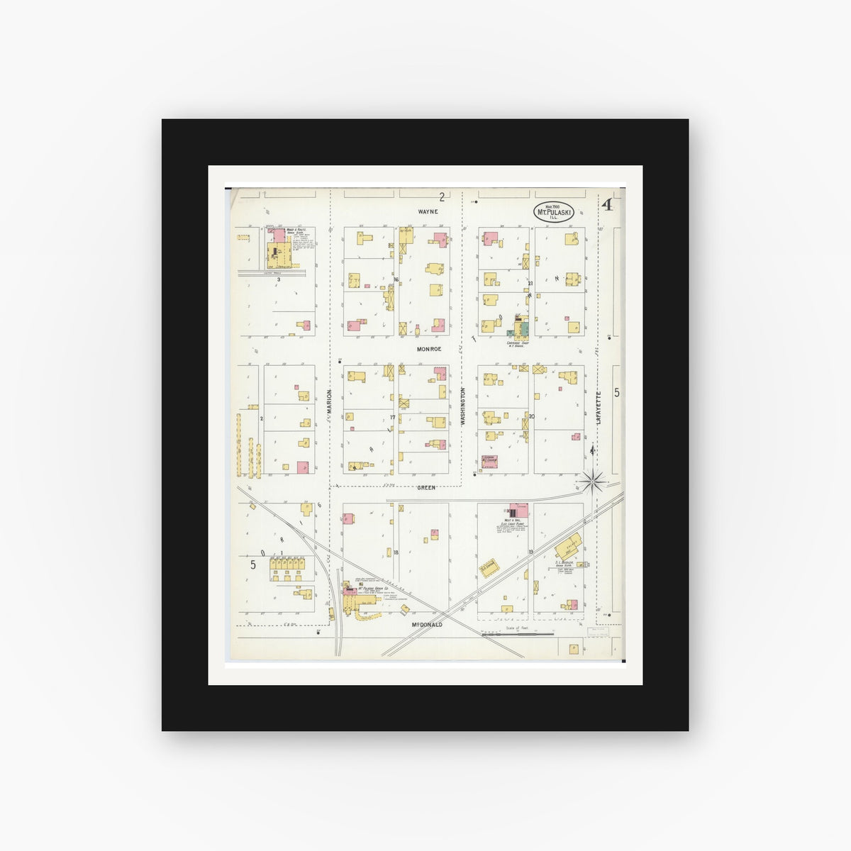 Old map wall art mockup — black gallery frame with white mat — Sanborn Fire Insurance Map from Mount Pulaski, Logan County, Illinois (1900), Sheet #0004