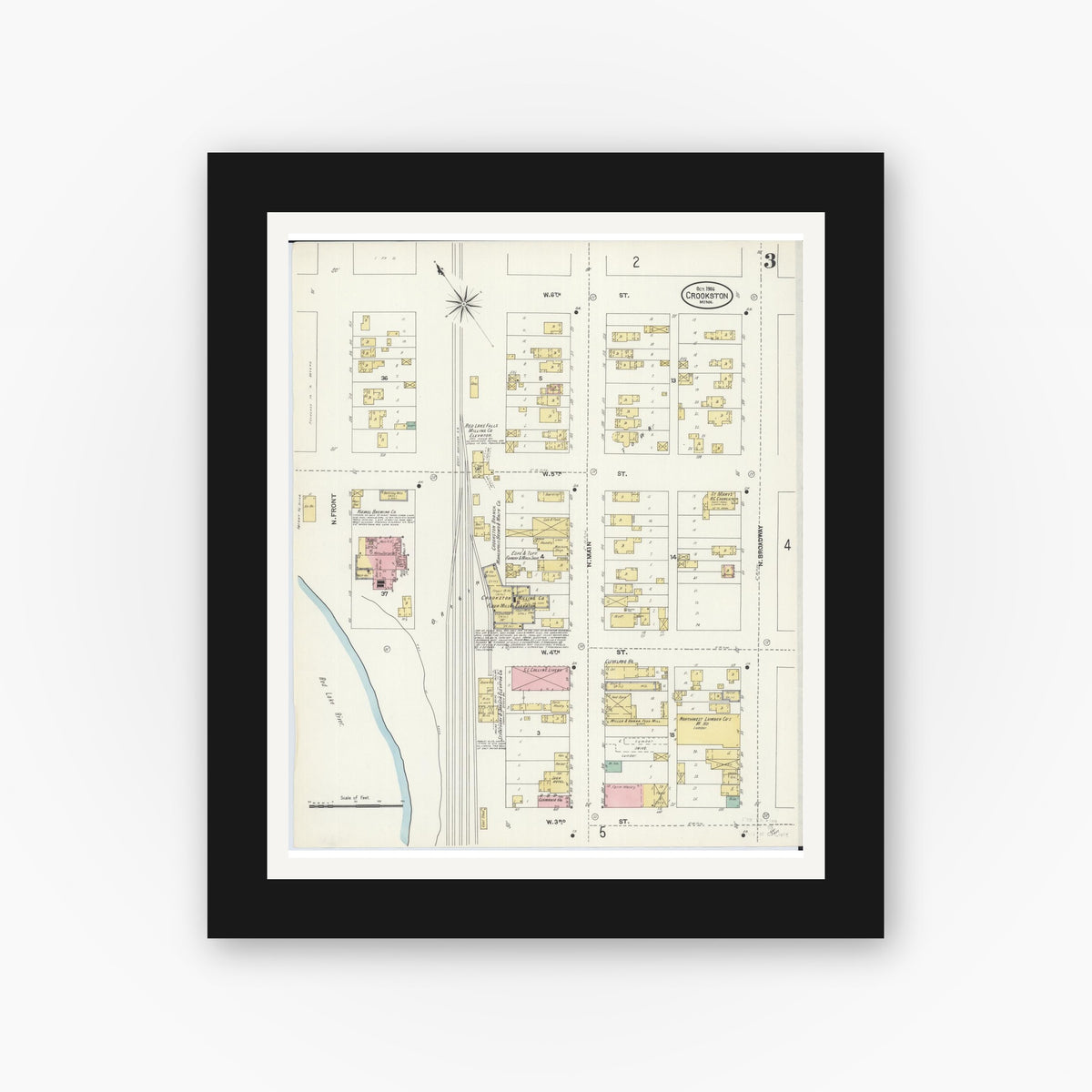 Old map wall art mockup — black gallery frame with white mat — Sanborn Fire Insurance Map from Crookston, Polk County, Minnesota (1906), Sheet #0003