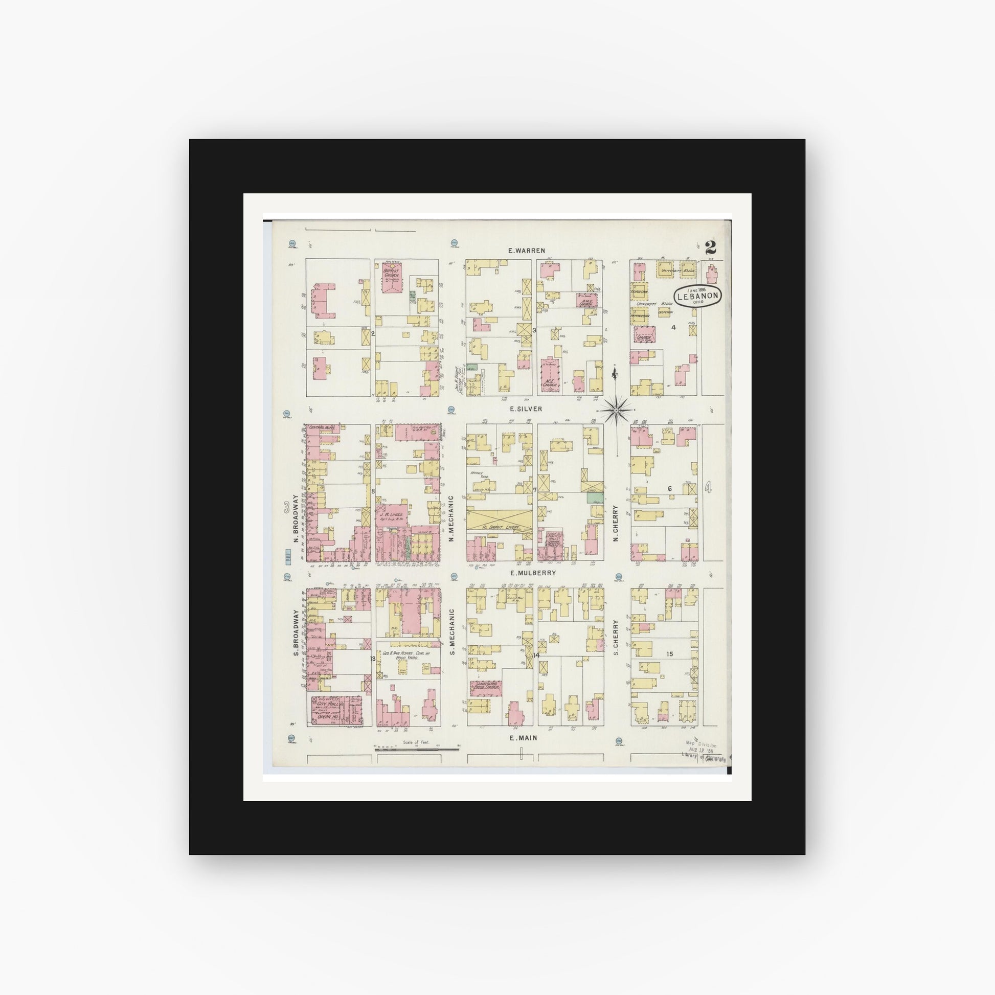 Old map wall art mockup — black gallery frame with white mat — Sanborn Fire Insurance Map from Lebanon, Warren County, Ohio (1895), Sheet #0002