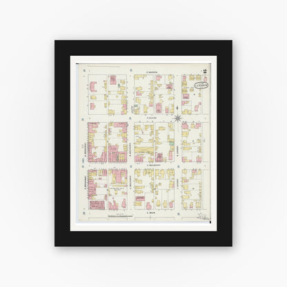 Old map wall art mockup — black gallery frame with white mat — Sanborn Fire Insurance Map from Lebanon, Warren County, Ohio (1895), Sheet #0002