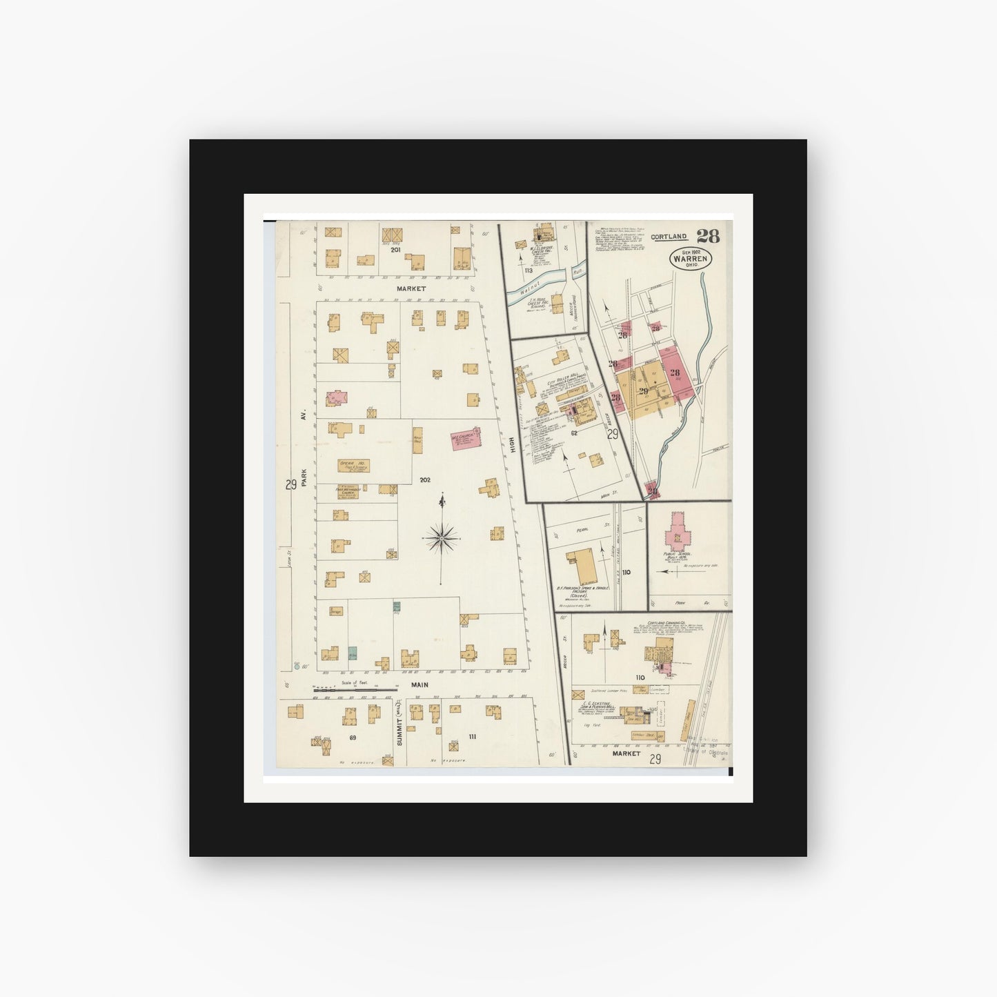 Old map wall art mockup — black gallery frame with white mat — Sanborn Fire Insurance Map from Warren, Trumbull County, Ohio (1902), Sheet #0028