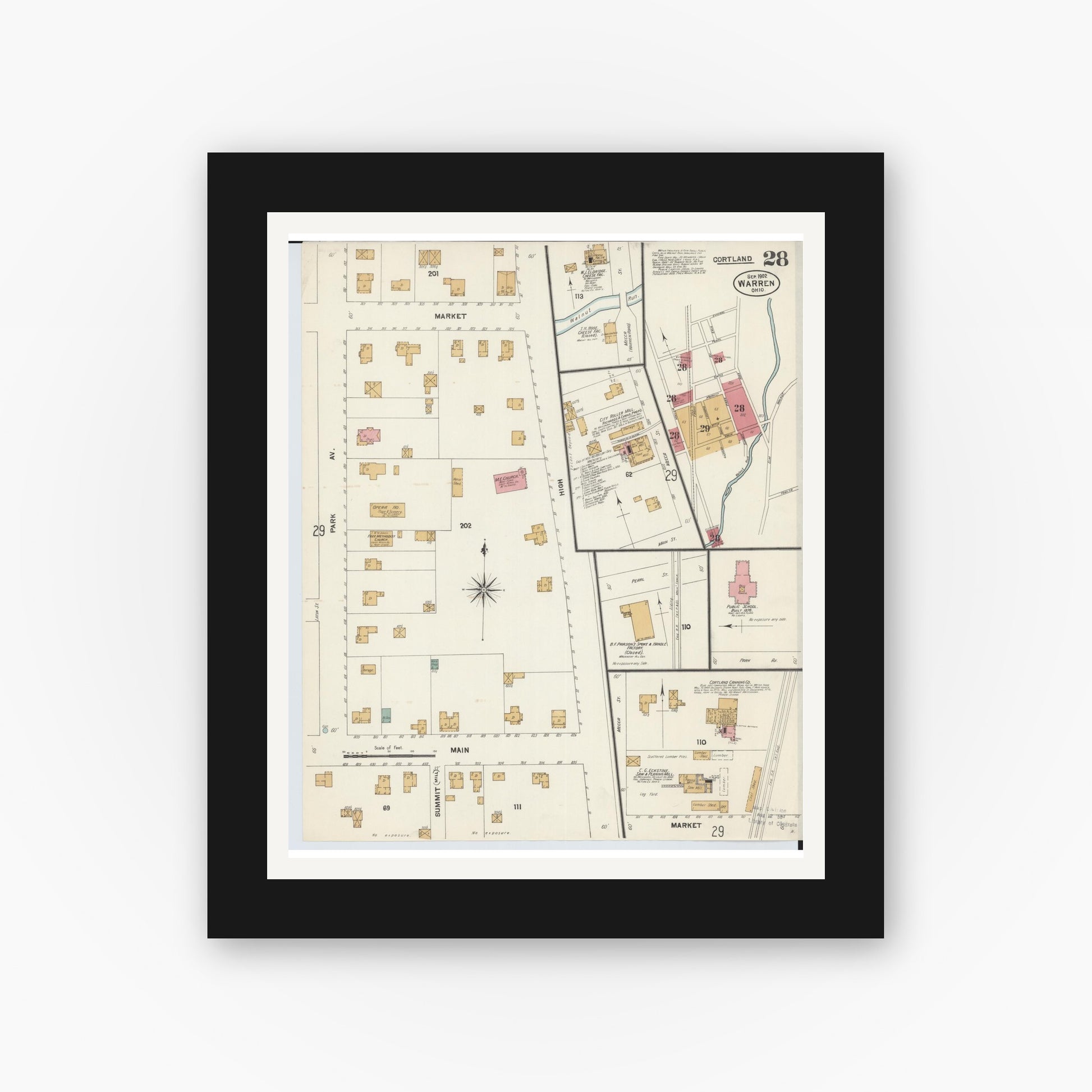 Old map wall art mockup — black gallery frame with white mat — Sanborn Fire Insurance Map from Warren, Trumbull County, Ohio (1902), Sheet #0028